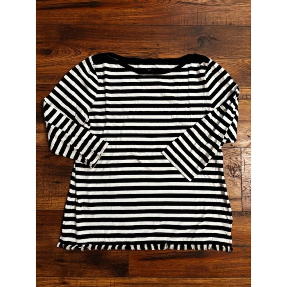 Talbots Women Large Striped Top Black White Fringe Hem 3/4 Sleeve Cotton